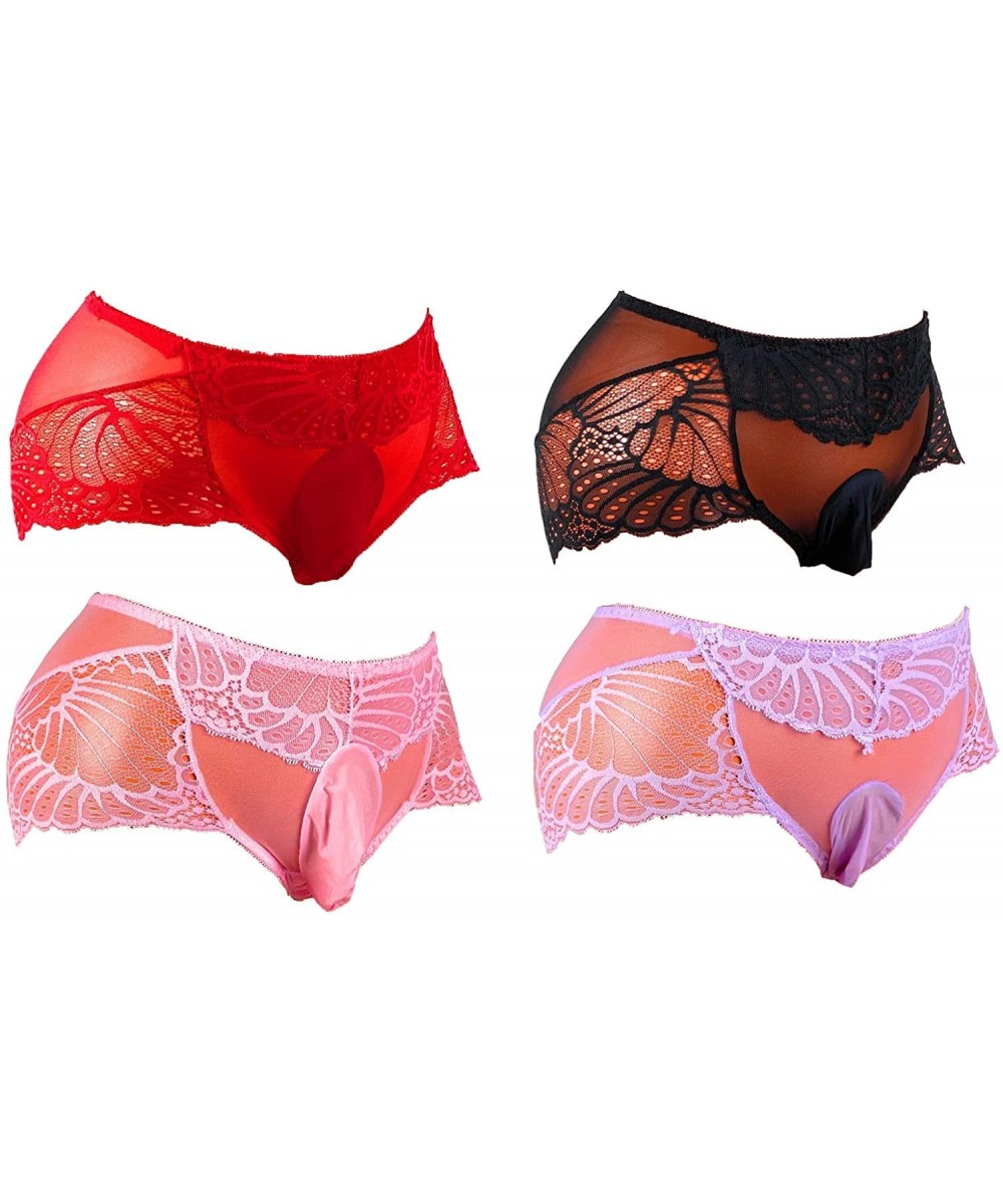 Briefs Ice Silk and Lace Mens Sissy Pouch Panties / Mens Panties - Red - CC192MN0ETO