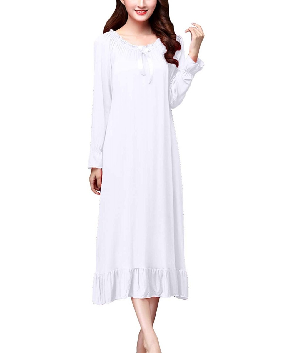 Nightgowns & Sleepshirts Women's Victorian Nightgown Long Sleeves Cotton Sleep Dress Vintage Ruched Nighty - White - CY18WOSKC7Y