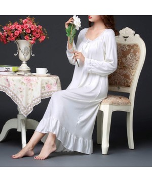 Nightgowns & Sleepshirts Women's Victorian Nightgown Long Sleeves Cotton Sleep Dress Vintage Ruched Nighty - White - CY18WOSKC7Y