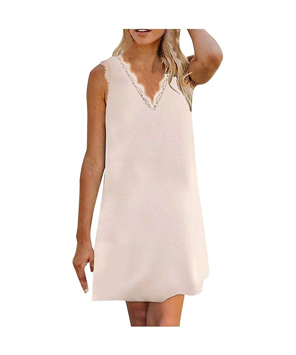 Nightgowns & Sleepshirts Women Lace V Neck Dresses Summer Sleeveless Dress Women's Casual Plain Simple Loose Dress - Beige - ...