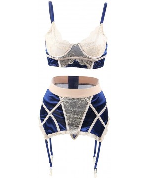 Bustiers & Corsets Women Lace Mesh Lingerie Set Plus Size Bra and High-Waisted Garter Belt Set Nightwear M-5XL - Style 4 Navy...