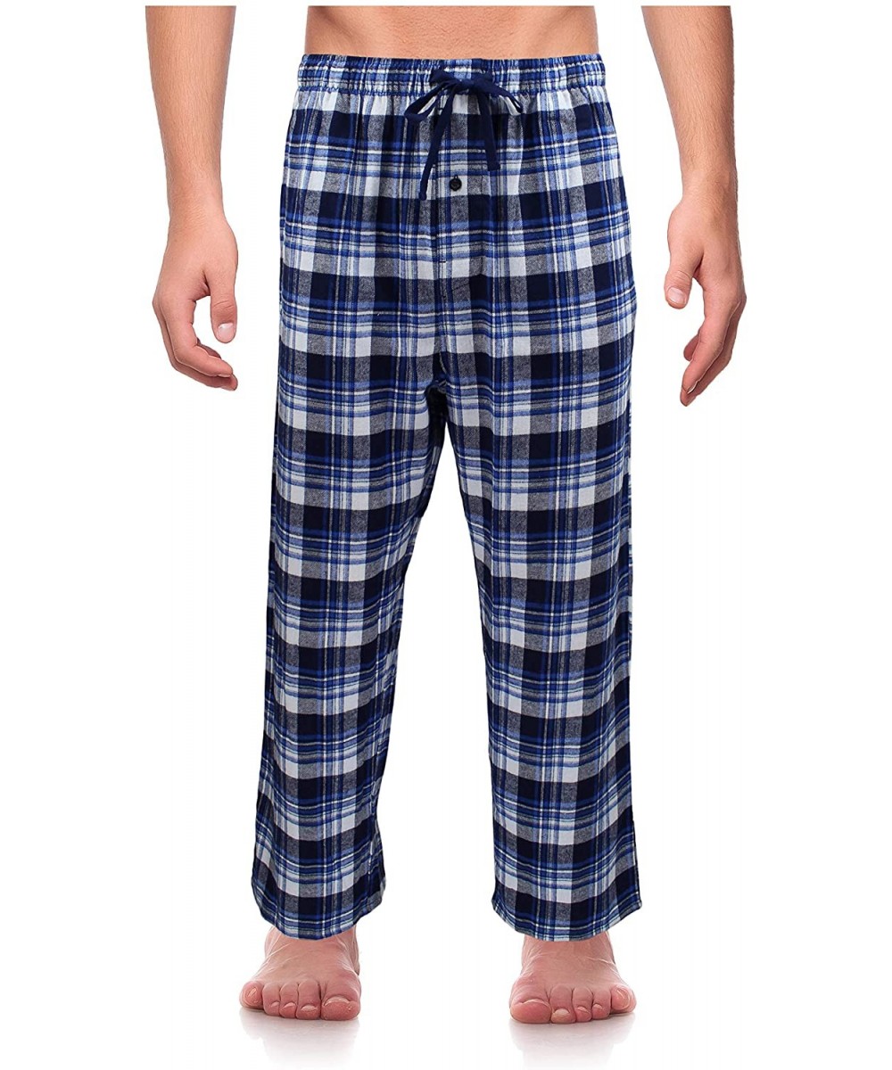 Sleep Bottoms Classical Sleepwear Men's 100% Cotton Flannel Pajama Pants - Blue / Navy- Plaid (F0201) - C718AIX3UOG