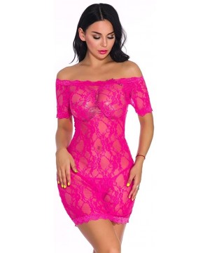 Tops Lingerie for Women for Sexy Lace Cutout Perspective Off Shoulder Lingerie Set Thong Pajamas - Hot Pink - CV18YC8TMKI