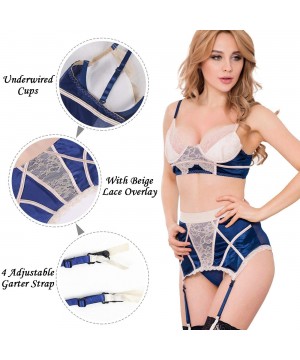 Bustiers & Corsets Women Lace Mesh Lingerie Set Plus Size Bra and High-Waisted Garter Belt Set Nightwear M-5XL - Style 4 Navy...