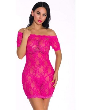 Tops Lingerie for Women for Sexy Lace Cutout Perspective Off Shoulder Lingerie Set Thong Pajamas - Hot Pink - CV18YC8TMKI