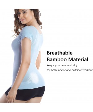 Shapewear Women Slimming Short Sleeve Shirts Seamless Lace Crew Neck Undershirts Base Layer Bamboo Tee Shirts Tops - Light Bl...