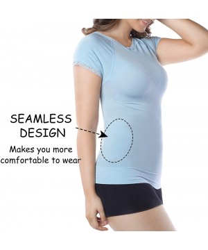 Shapewear Women Slimming Short Sleeve Shirts Seamless Lace Crew Neck Undershirts Base Layer Bamboo Tee Shirts Tops - Light Bl...