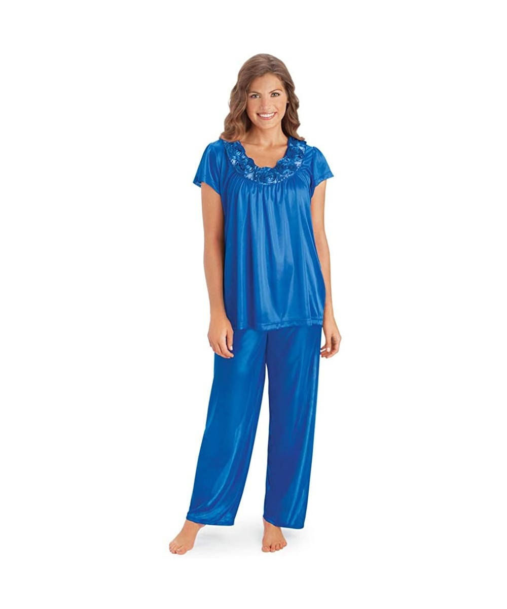 Sets Women's Rose Trim Short Sleeve Pajama Set Royal Blue Small - CC193YSNSZL