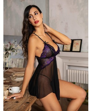 Baby Dolls & Chemises Women Lingerie Lace Babydoll V Neck Mesh Sleepwear Sexy Boudoir Outfits - A-purple - CW18X6ISYS0