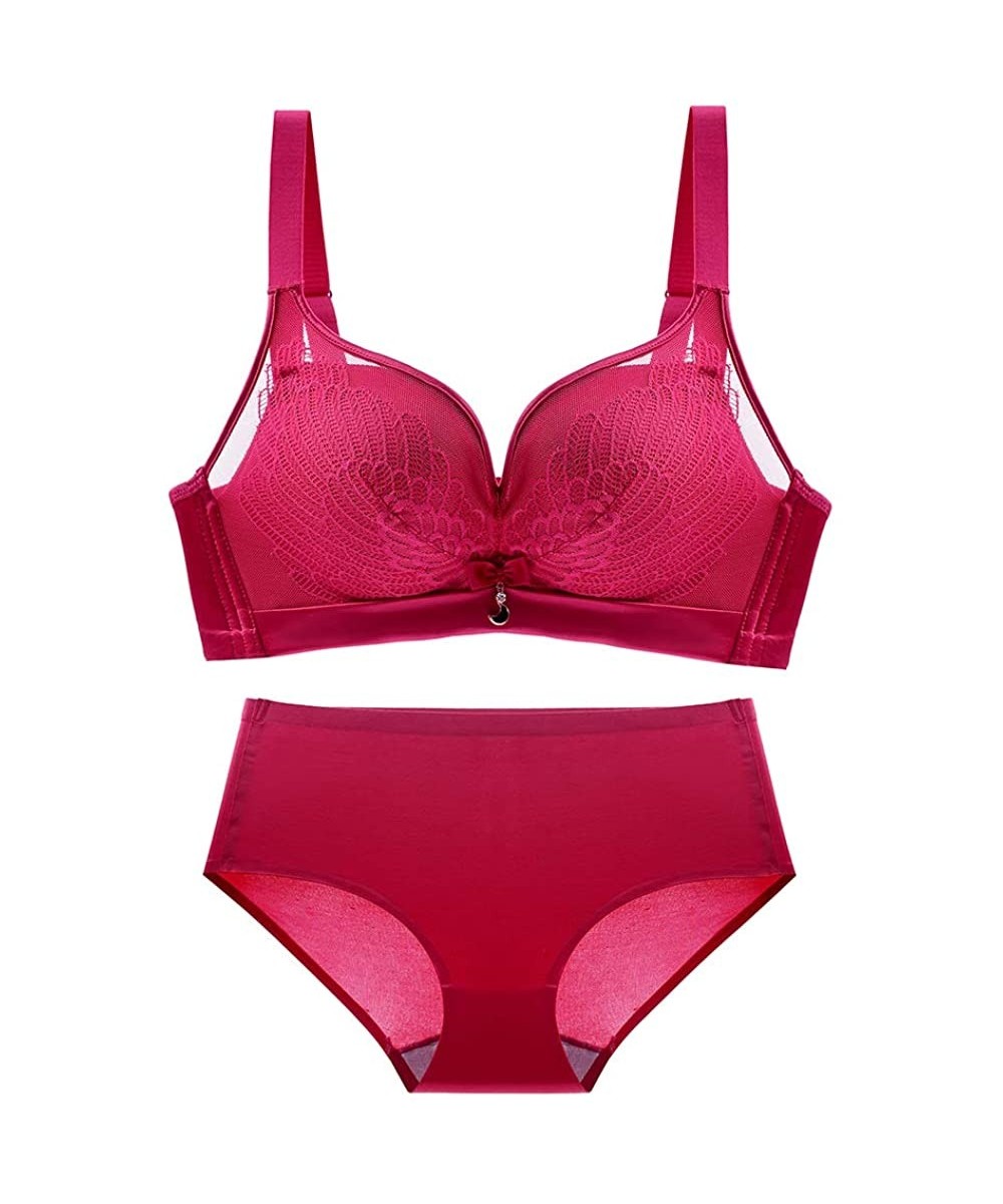 Bras Women's Sexy Soft Lace Lingerie Rimless Traceless Push up Gathering Bracket Underwear Bra and Panty Set - Winered - CA19...