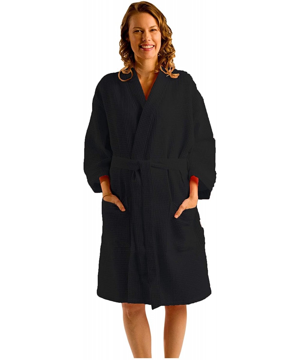 Robes Unisex Kimono Waffle Robe- Men's- Women's Bathrobe- 60% Cotton Waffle Cloth - Black- Small Medium - Black - CF18A46AR7K