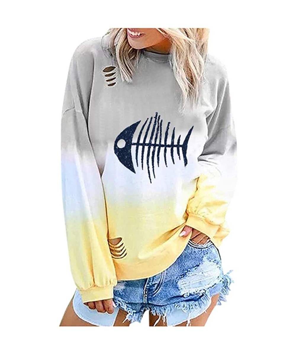 Thermal Underwear Women's Basic Printed Colorful Tops Loose Hole Long Sleeve O Neck Blouse Sweatshirt - Yellow - CL18XRZIM9M