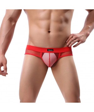 Bikinis Boxers Briefs Mens Unique Lace Hollow Underwear Raised Thongs Sexy Underpants - Red - C018X3WTADN