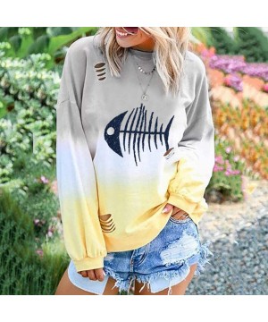 Thermal Underwear Women's Basic Printed Colorful Tops Loose Hole Long Sleeve O Neck Blouse Sweatshirt - Yellow - CL18XRZIM9M