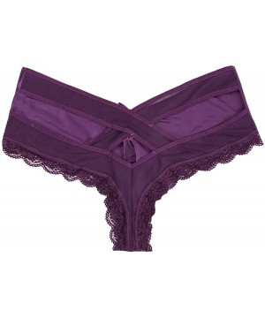 Bikinis Men Sissy Satin Panties Underwear Lace Criss Cross Back Bikini Tong Briefs G-String Lingerie - Purple - C7180ZHWGG0