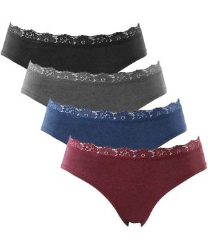 Panties Womens Cotton Underwear Hipster Panties Lace Trim Briefs Pack of 4 - Lace Brief-black/Grey/Blue/Wine - CM193UU3LKN