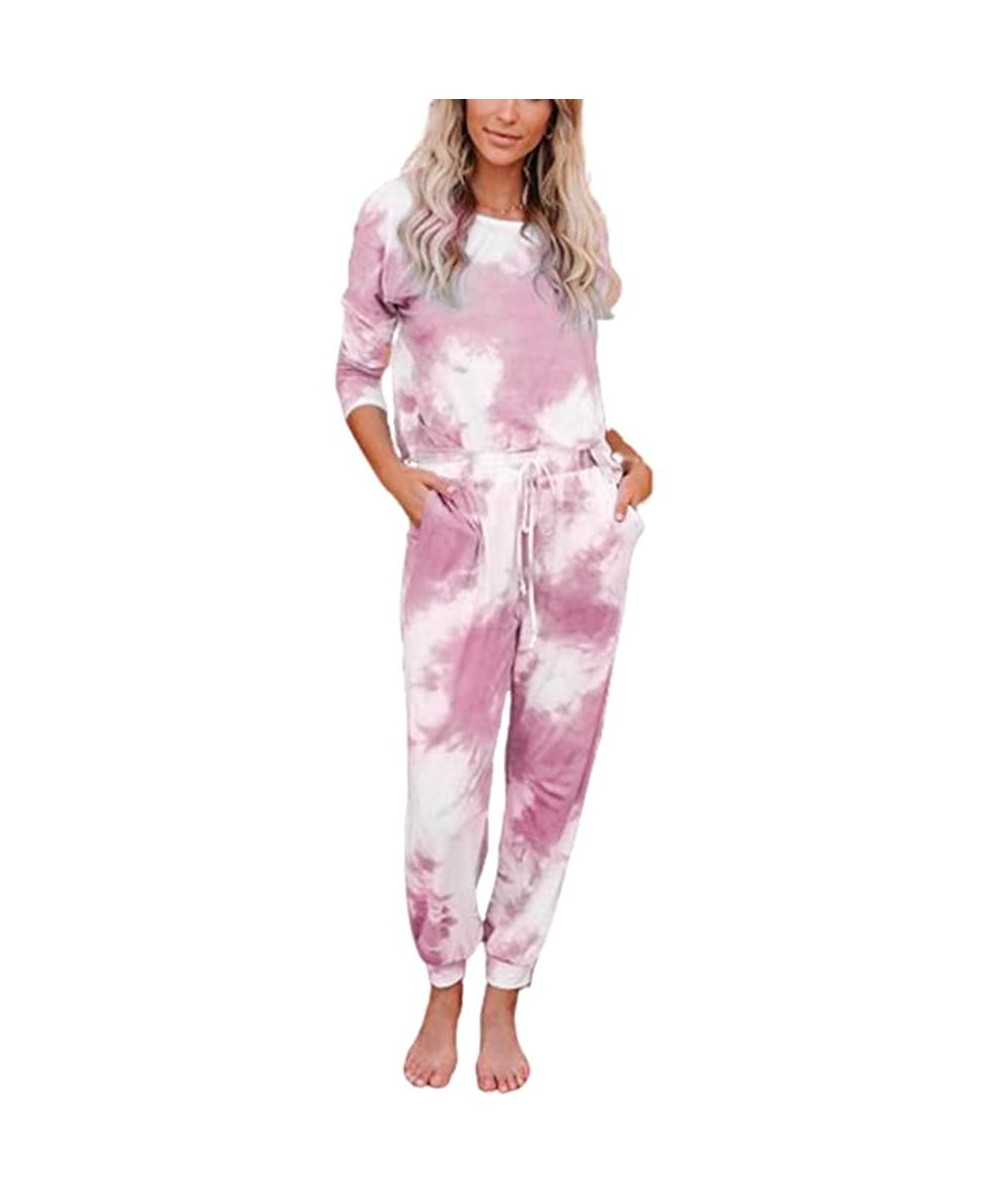 Sets Womens Tie Dye Printed Long Sleeve Tops and Pants Pajamas Set PJ Sets Nightwear Loungewear - Pink - C719074Q59I