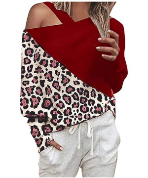 Slips Women Single Strap Blouse Fashion One Shoulder Leopard Printed Stitching Tunics Long Sleeve Casual Shirt Tops - Wine Re...