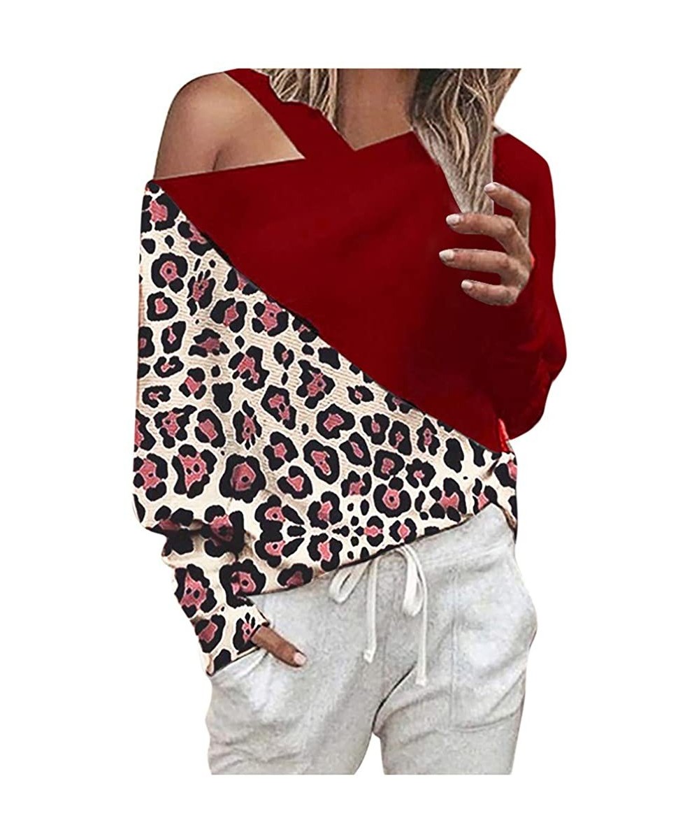 Slips Women Single Strap Blouse Fashion One Shoulder Leopard Printed Stitching Tunics Long Sleeve Casual Shirt Tops - Wine Re...