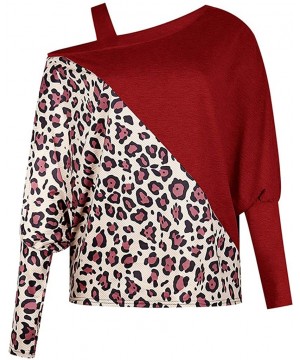 Slips Women Single Strap Blouse Fashion One Shoulder Leopard Printed Stitching Tunics Long Sleeve Casual Shirt Tops - Wine Re...