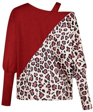 Slips Women Single Strap Blouse Fashion One Shoulder Leopard Printed Stitching Tunics Long Sleeve Casual Shirt Tops - Wine Re...