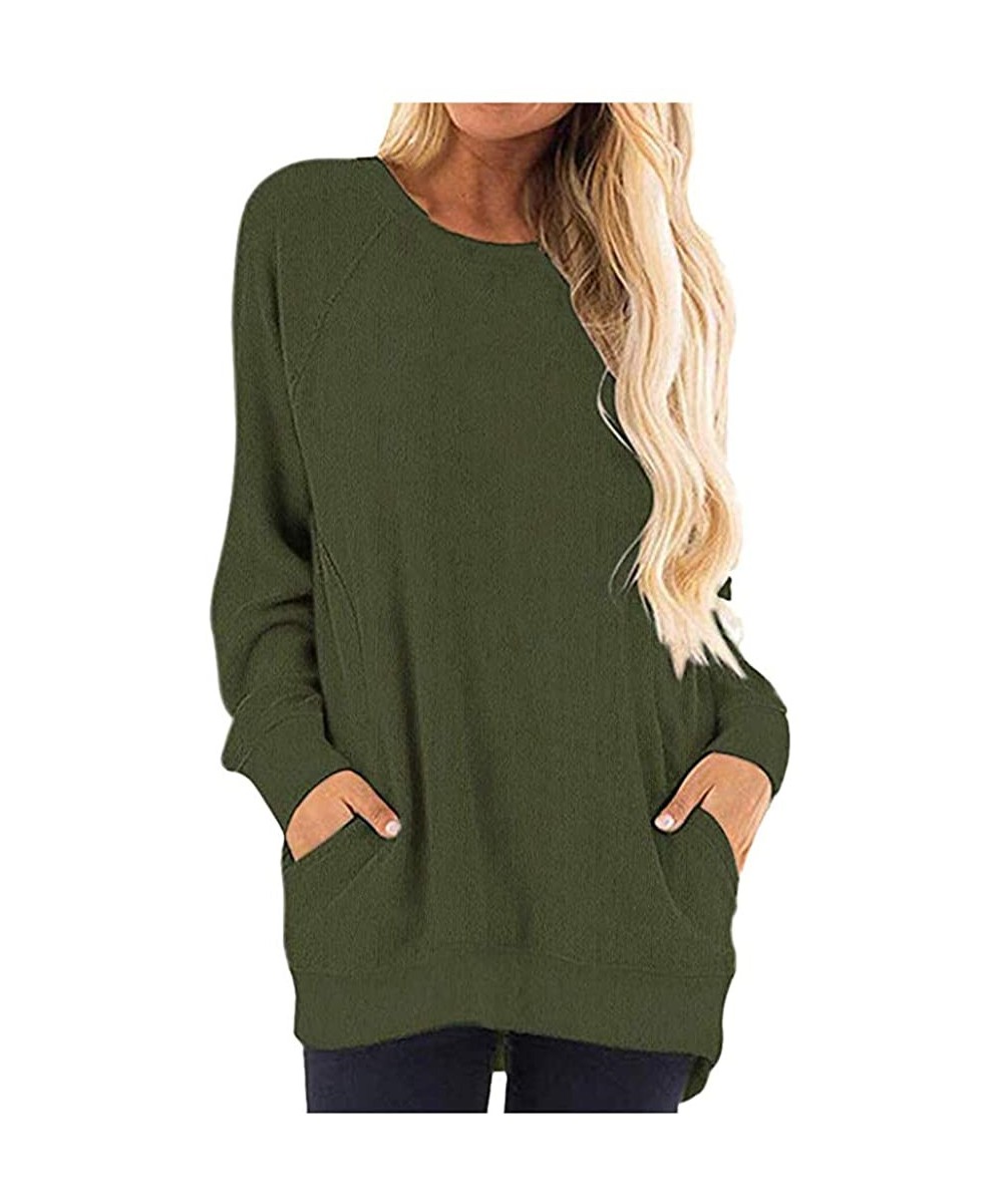 Tops Womens Long Sleeve Round Neck Casual T Shirts Tops with Pocket Tops - Green - CR1927DZ65S