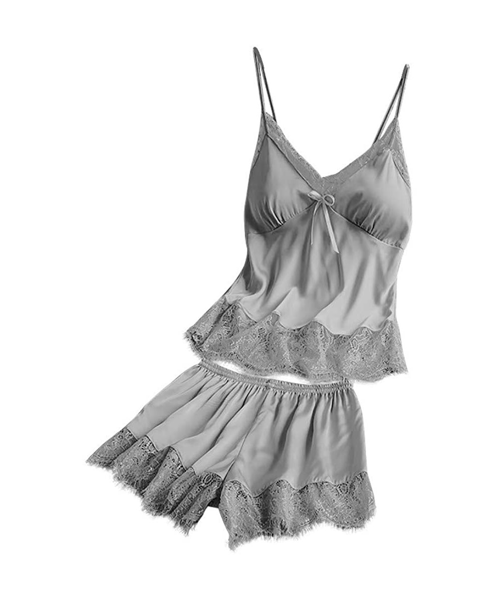 Sets Women V-Neck Eyelash Silk Lace Sexy Stain Camisole Pajamas Bowknot Shorts Set - Gray - C719484MNWI