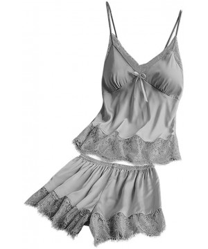 Sets Women V-Neck Eyelash Silk Lace Sexy Stain Camisole Pajamas Bowknot Shorts Set - Gray - C719484MNWI