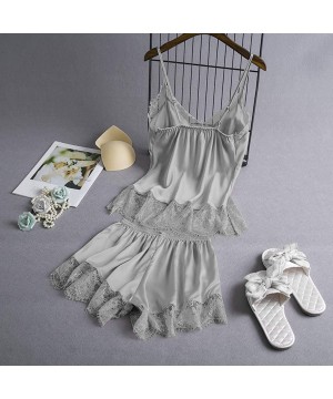 Sets Women V-Neck Eyelash Silk Lace Sexy Stain Camisole Pajamas Bowknot Shorts Set - Gray - C719484MNWI