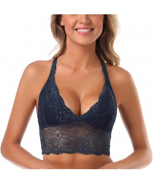 Bras Women's Lace Push-up Bra Floral Breathable Bralette Wire Free Racerback Sexy Bra - Dark Blue - C11978IUYRL