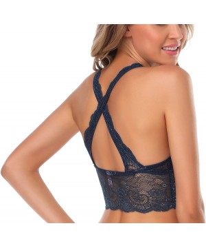 Bras Women's Lace Push-up Bra Floral Breathable Bralette Wire Free Racerback Sexy Bra - Dark Blue - C11978IUYRL