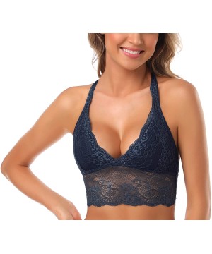 Bras Women's Lace Push-up Bra Floral Breathable Bralette Wire Free Racerback Sexy Bra - Dark Blue - C11978IUYRL