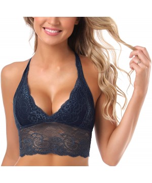 Bras Women's Lace Push-up Bra Floral Breathable Bralette Wire Free Racerback Sexy Bra - Dark Blue - C11978IUYRL