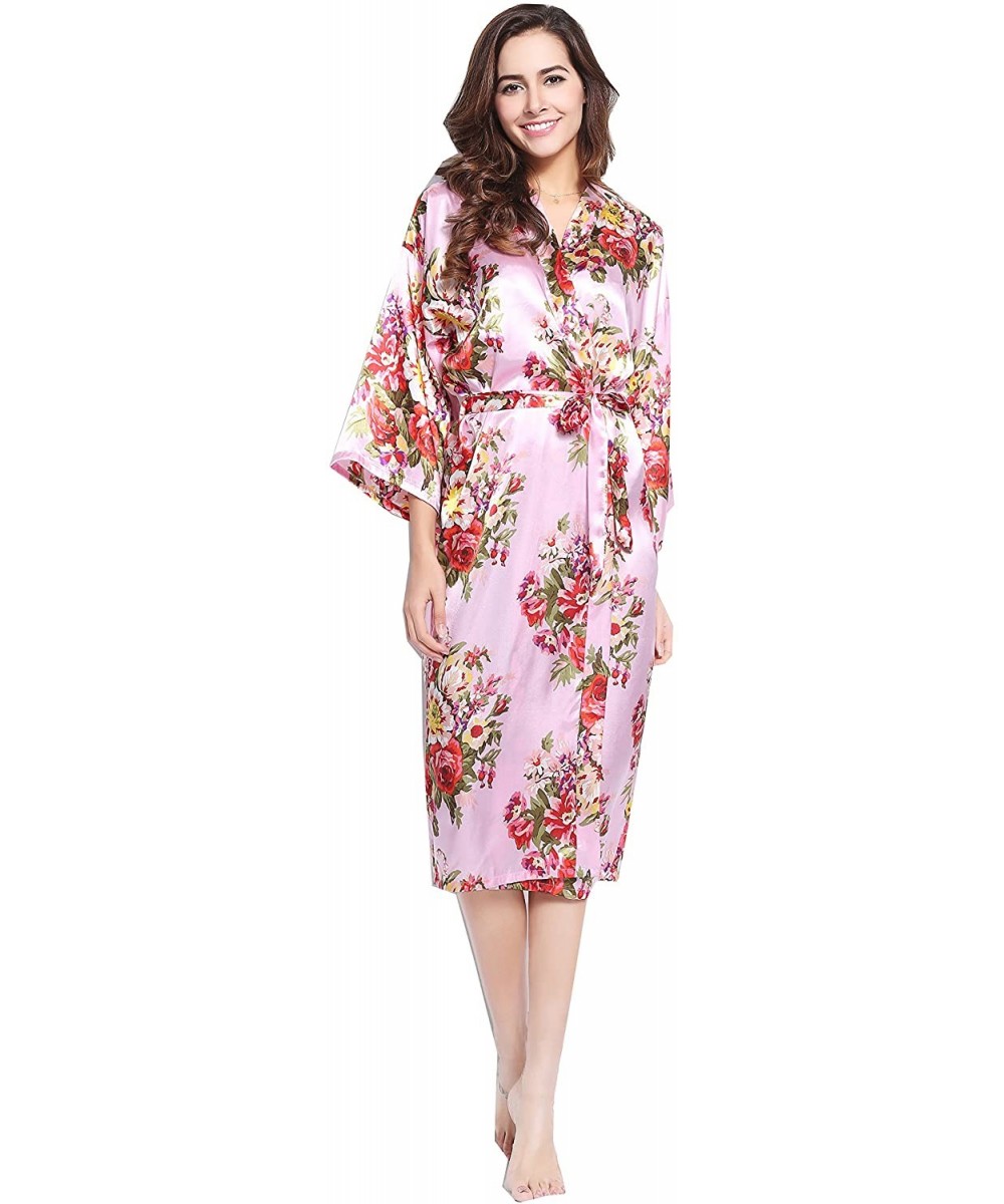 Robes Long Floral Robe Bride Kimono Bridesmaid Robe Satin Night Dress - Pink - CK1827OWSZT