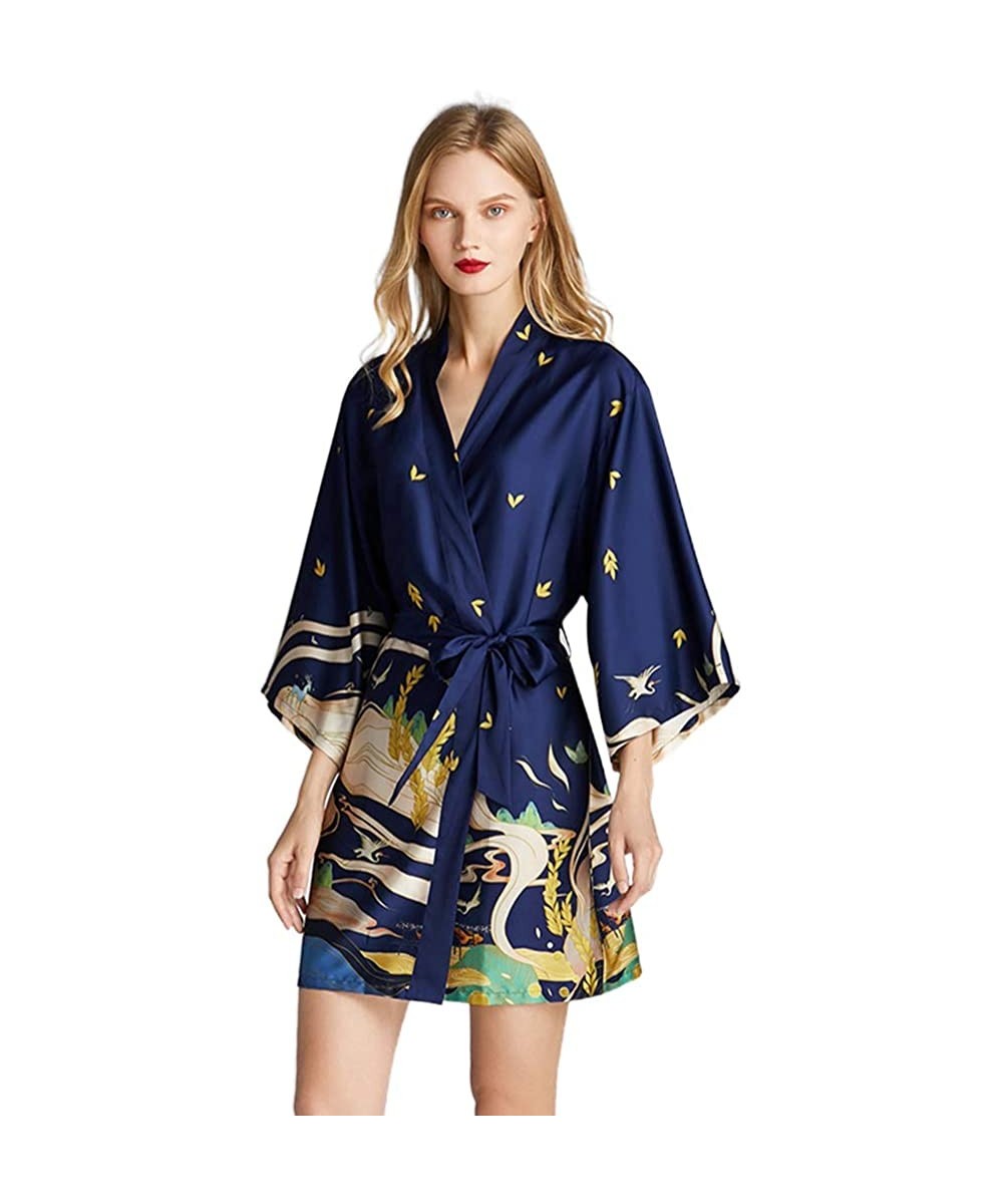 Robes Women Imitation Silk Kimono Robe Dunhuang Mural Nightgown Exotic Belted Bathrobe - Navy - C319852KGWI