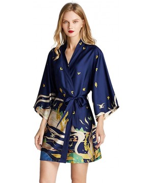 Robes Women Imitation Silk Kimono Robe Dunhuang Mural Nightgown Exotic Belted Bathrobe - Navy - C319852KGWI