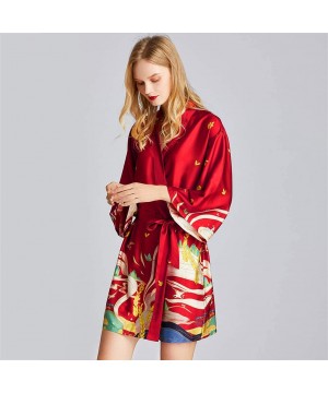 Robes Women Imitation Silk Kimono Robe Dunhuang Mural Nightgown Exotic Belted Bathrobe - Navy - C319852KGWI