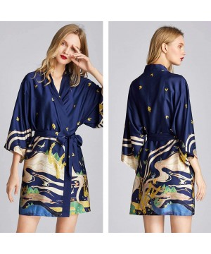 Robes Women Imitation Silk Kimono Robe Dunhuang Mural Nightgown Exotic Belted Bathrobe - Navy - C319852KGWI