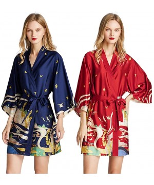 Robes Women Imitation Silk Kimono Robe Dunhuang Mural Nightgown Exotic Belted Bathrobe - Navy - C319852KGWI