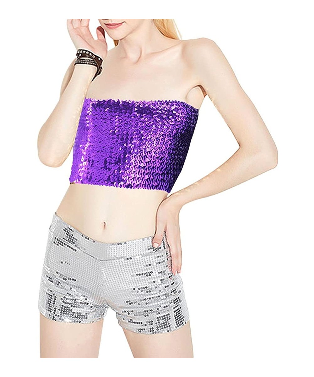 Camisoles & Tanks Women Shiny Sequin Crop Top Strapless Tube Top Bandeau for Rave Club Party - Purple - CO18EMTTX65