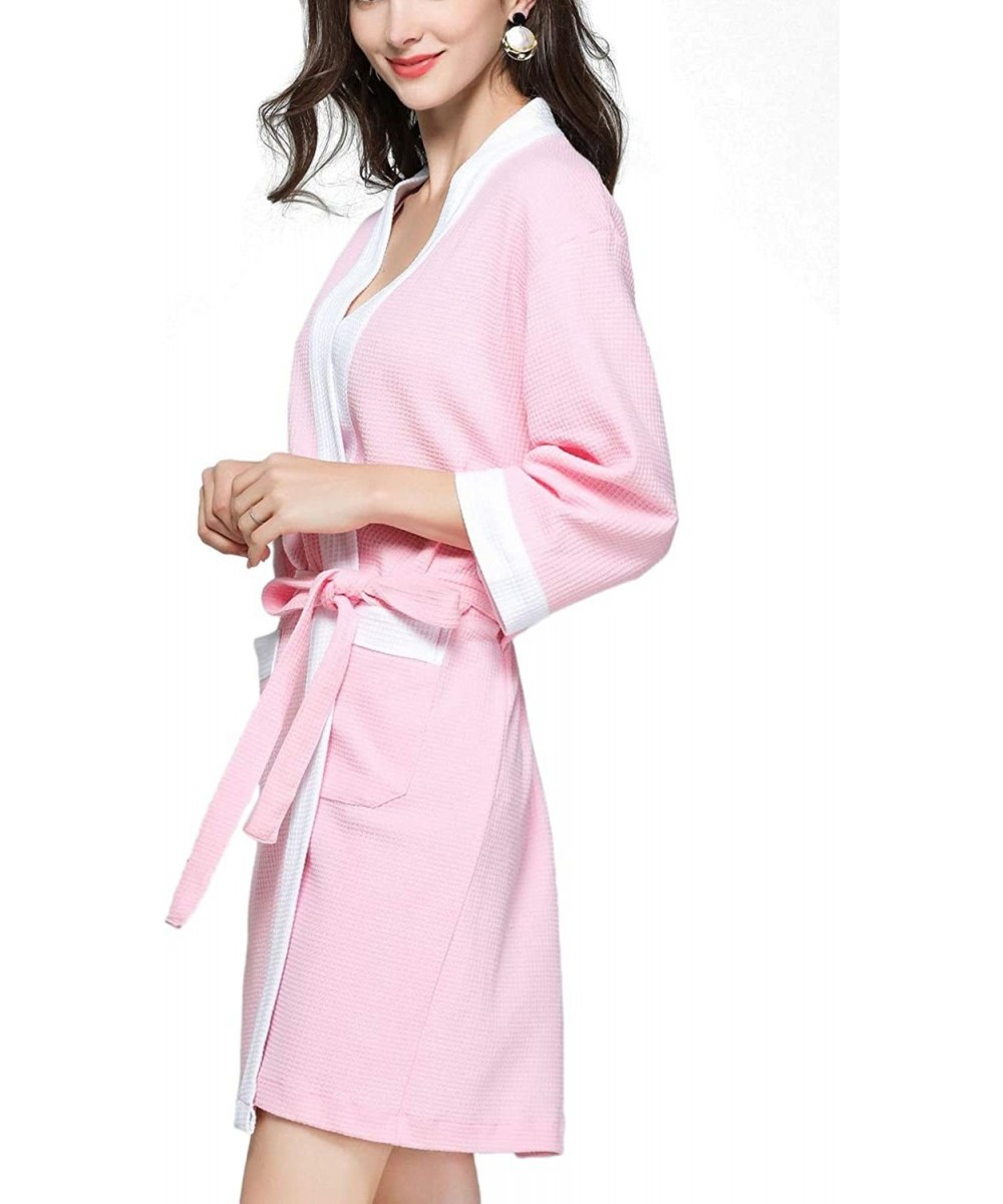 Robes Waffle Bathrobes Robe Women Kimono Sleepwear Nightgown Home Spa - Pink - CF197O2AYET