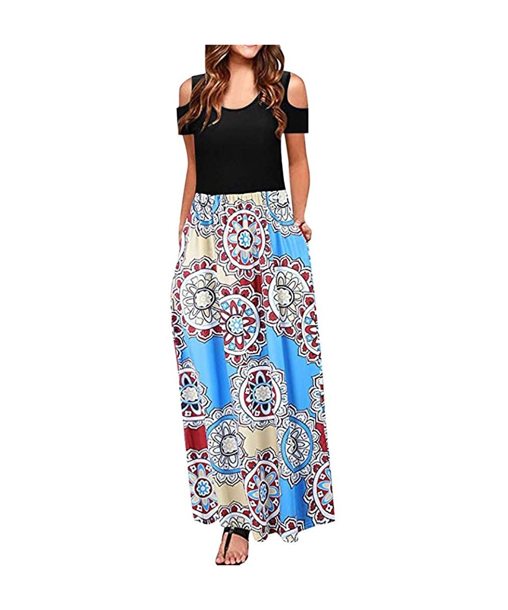 Panties Dresses for Womens- Cold Shoulder Pocket Floral Print Elegant Maxi Short Sleeve Casual - 4958blue - C118QOOXREY