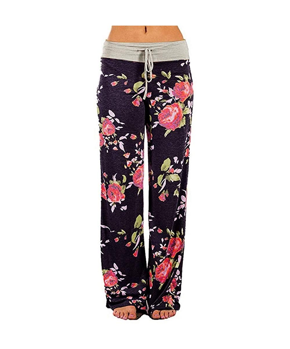 Bottoms Women Stretch Floral Print Yoga Pants Comfy Drawstring Palazzo Wide Leg Lounge Pants - N-brown - CN19406ZIA2