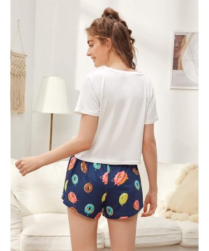 Sets Women's Cartoon Print Tee and Curved Hem Shorts Pajama Set - White and Navy - CI190OQX5UI