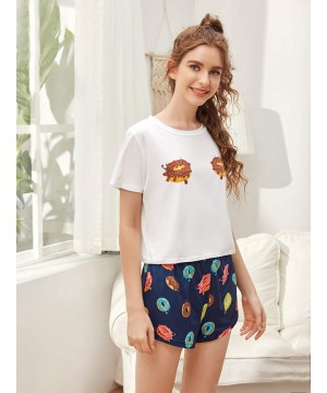 Sets Women's Cartoon Print Tee and Curved Hem Shorts Pajama Set - White and Navy - CI190OQX5UI