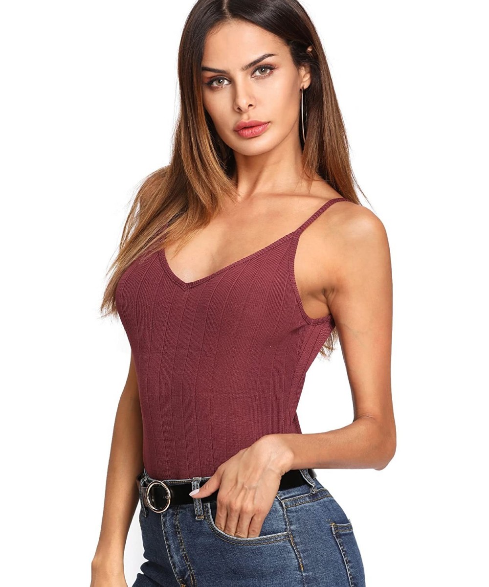 Shapewear Women's Plain Spaghetti Strap V Cut Bodysuit - Burgundy1 - CU18E43HXKW