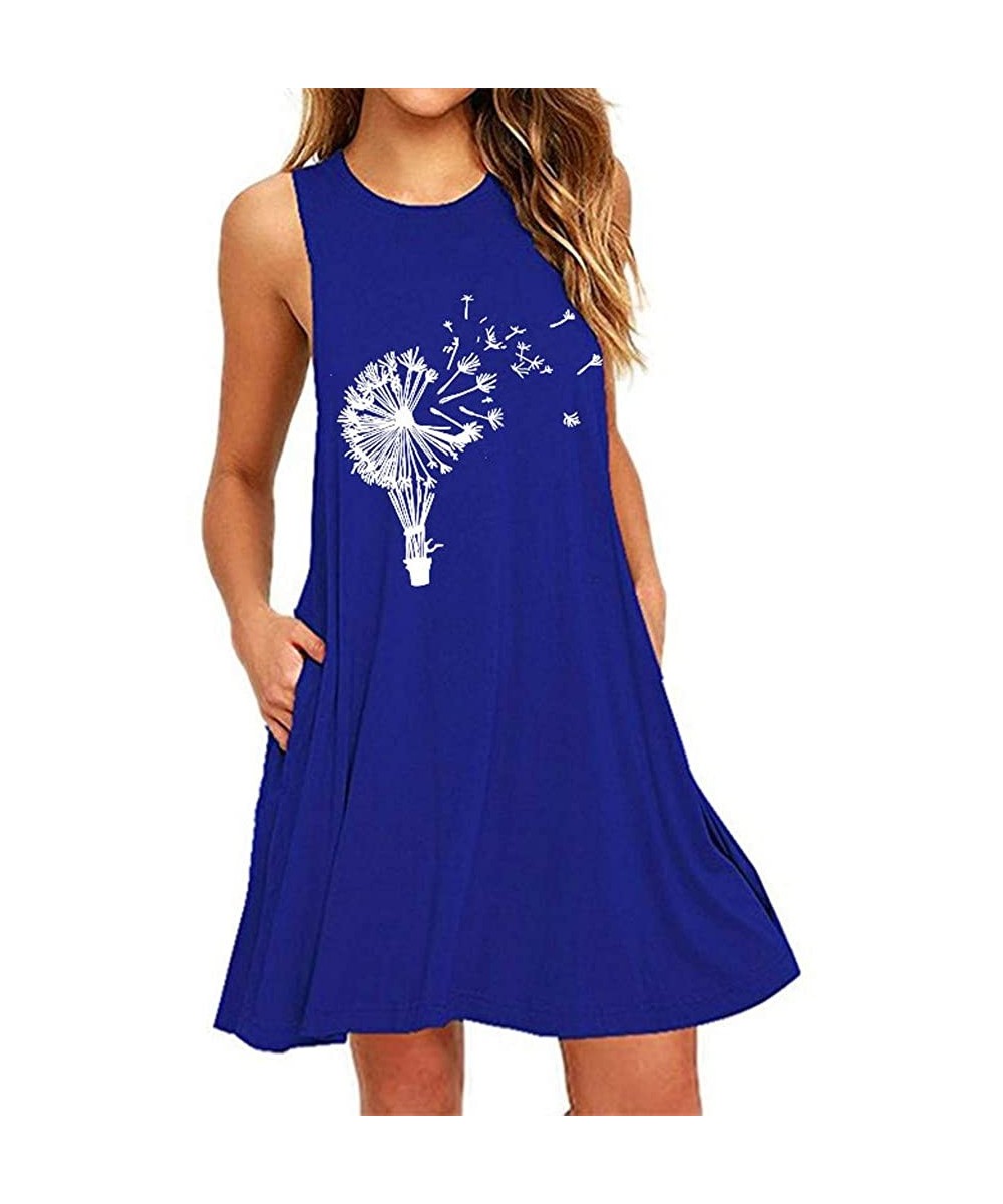 Nightgowns & Sleepshirts Women's Round Neck Dress Daisy Print O-Neck Pocket Printing Sleeveless Casual Nightdress - Blue-21 -...