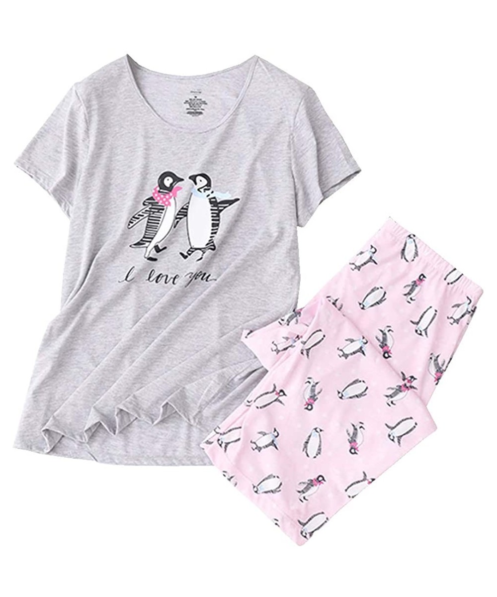 Sets Women's Pajama Sets Short Tops with Capri Pants Cotton Sleepwear Ladies Sleep Sets - Pink Penguin - C919D436TOH