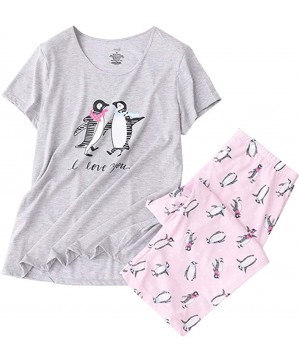 Sets Women's Pajama Sets Short Tops with Capri Pants Cotton Sleepwear Ladies Sleep Sets - Pink Penguin - C919D436TOH