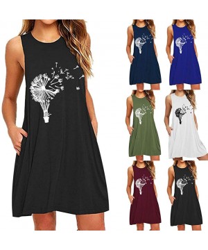 Nightgowns & Sleepshirts Women's Round Neck Dress Daisy Print O-Neck Pocket Printing Sleeveless Casual Nightdress - Blue-21 -...